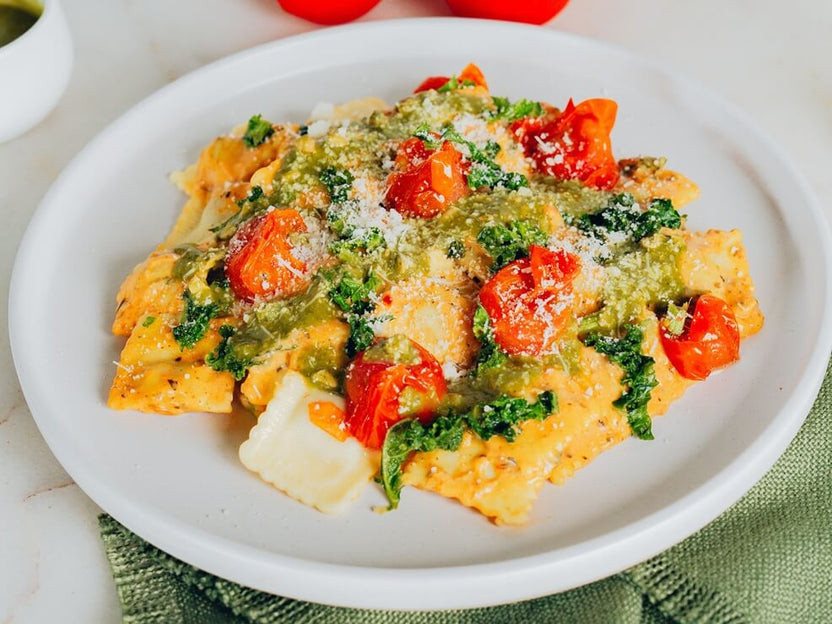 Chicken Basil Ravioli with Creamy Tuscan Sauce and Roasted Herb ...