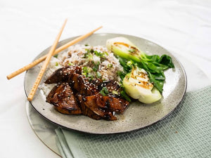 Barbecue chicken with sweet and tangy soy glaze bok choy