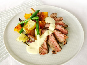 Creamy bearnaise steak with roasted garlic vegetables