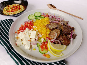 Mediterranean lamb bowl with hommus