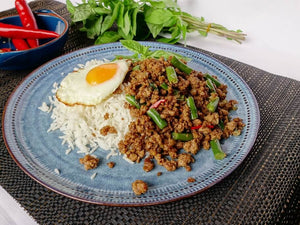 Thai basil chicken with rice and egg